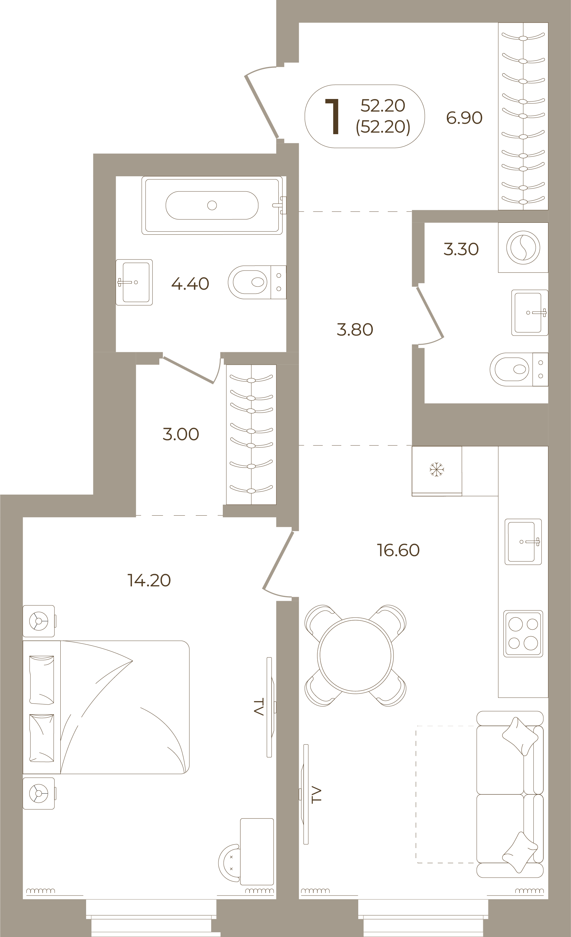 Планировка: 1-комнатная, 52,20 м²