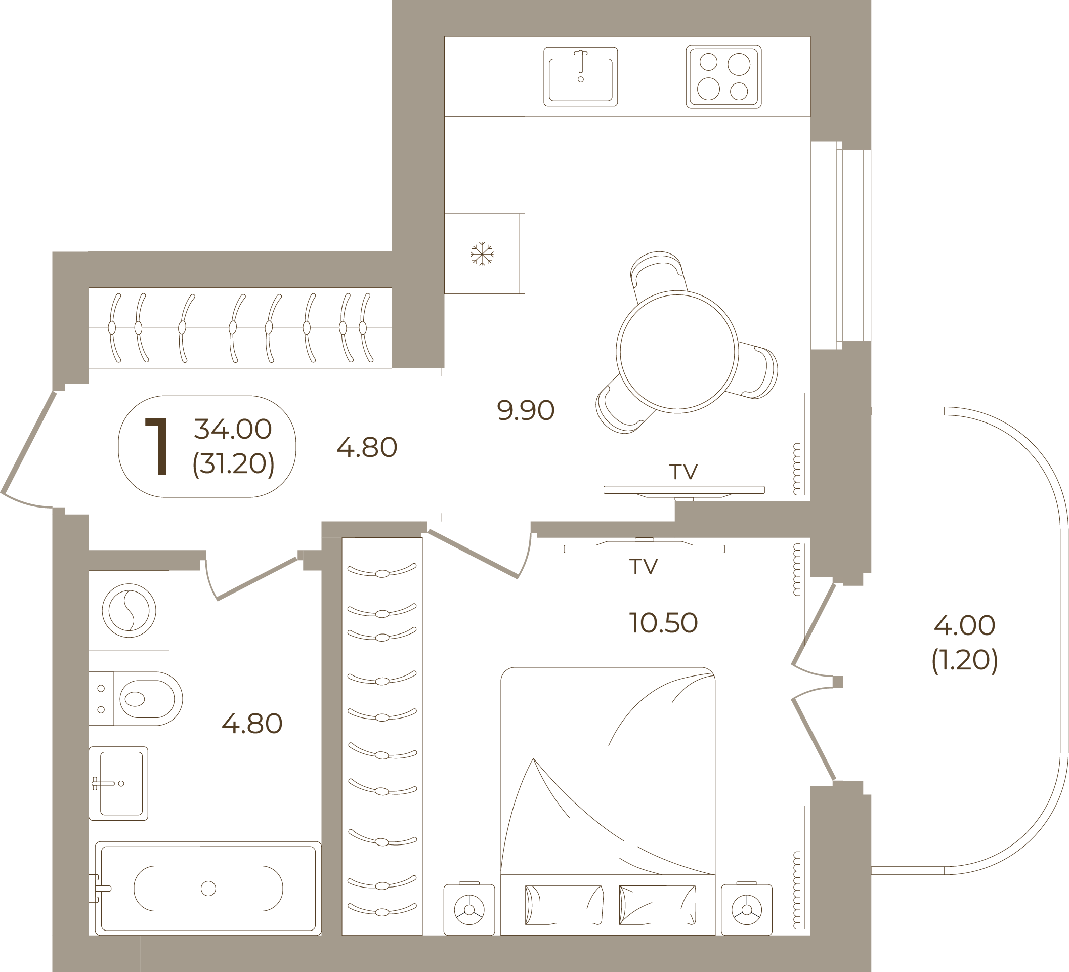 Планировка: 1-комнатная, 31,20 м²