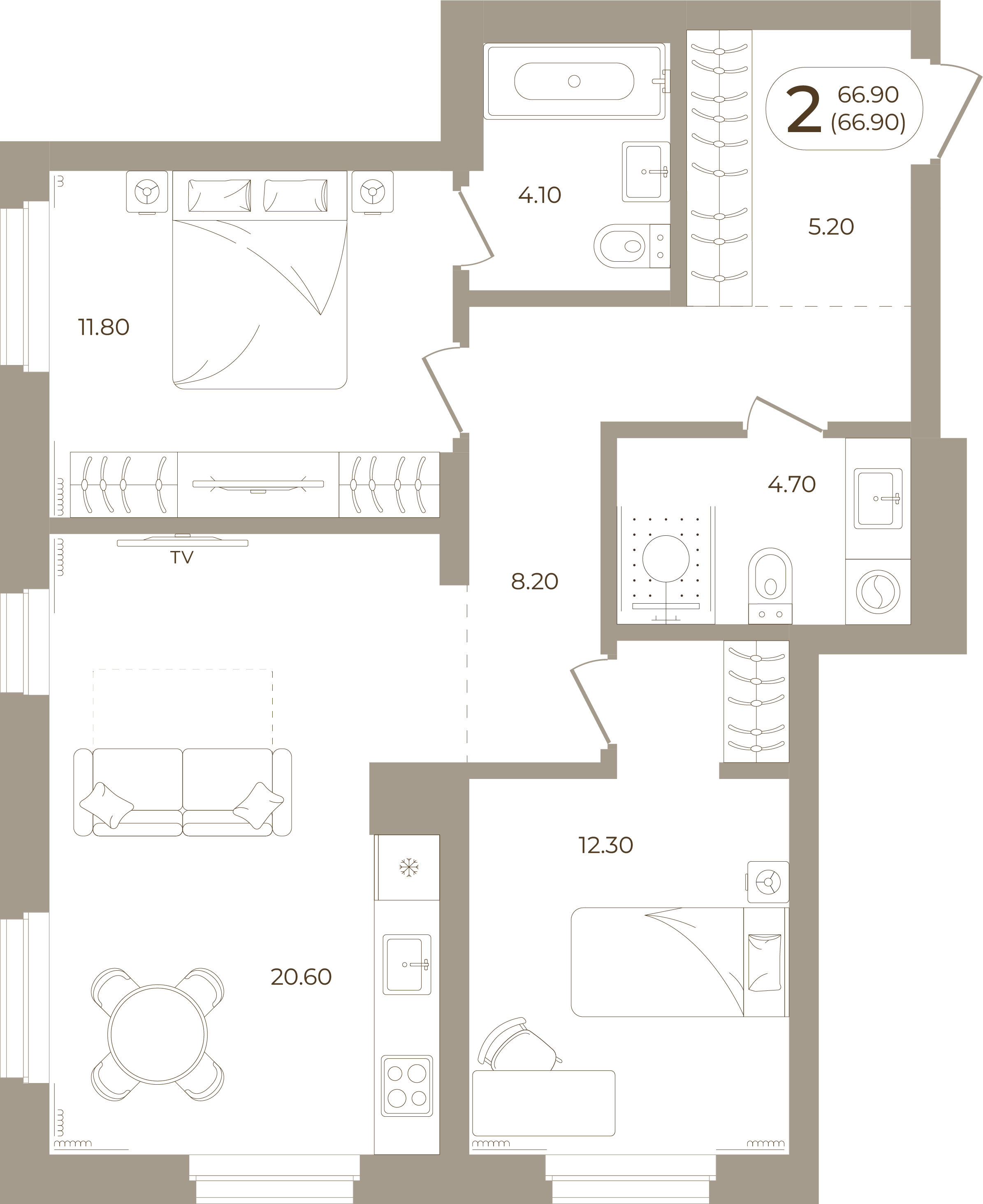 Планировка: 2-комнатная, 66,90 м²