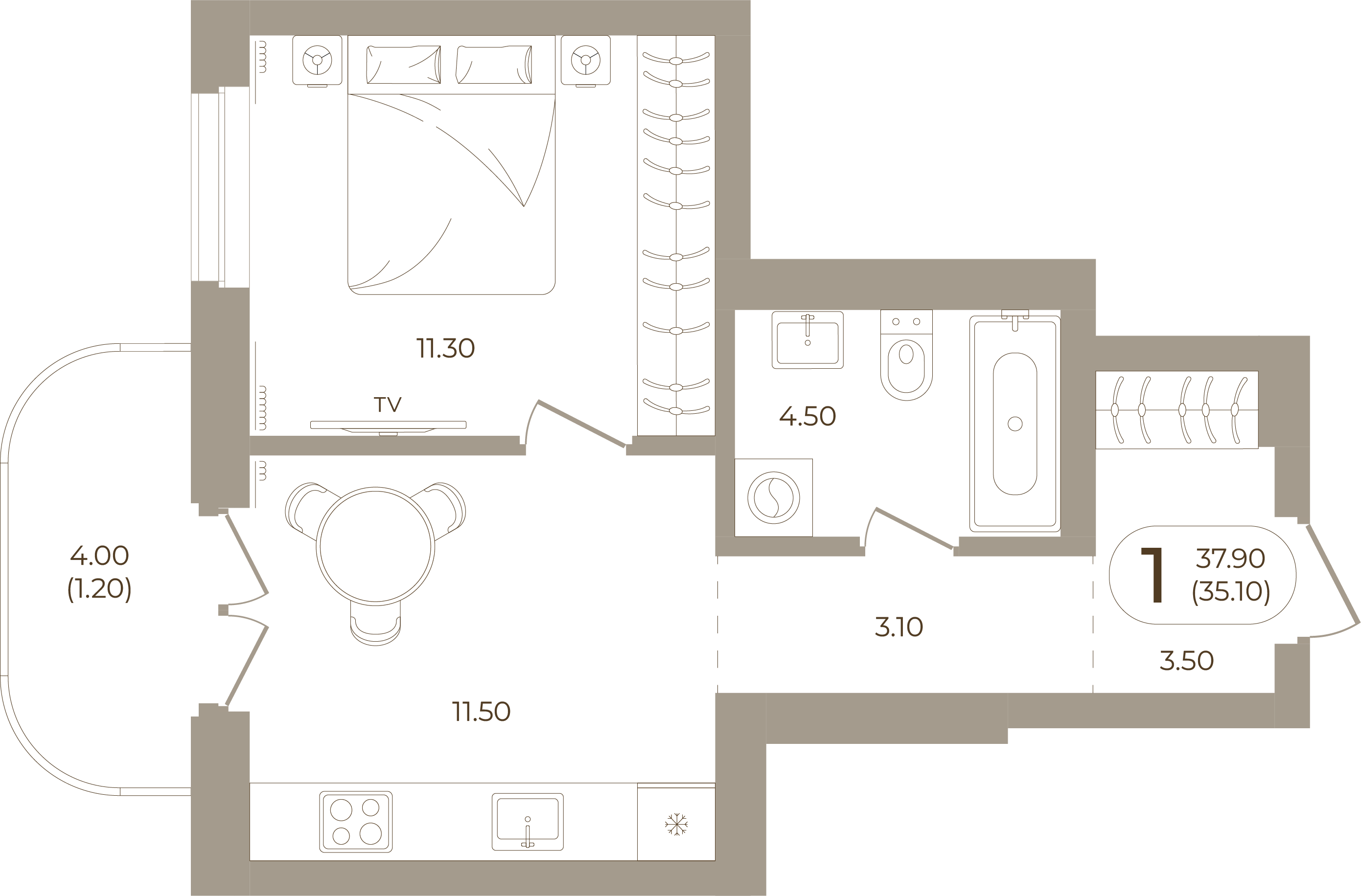 Планировка: 1-комнатная, 35,10 м²