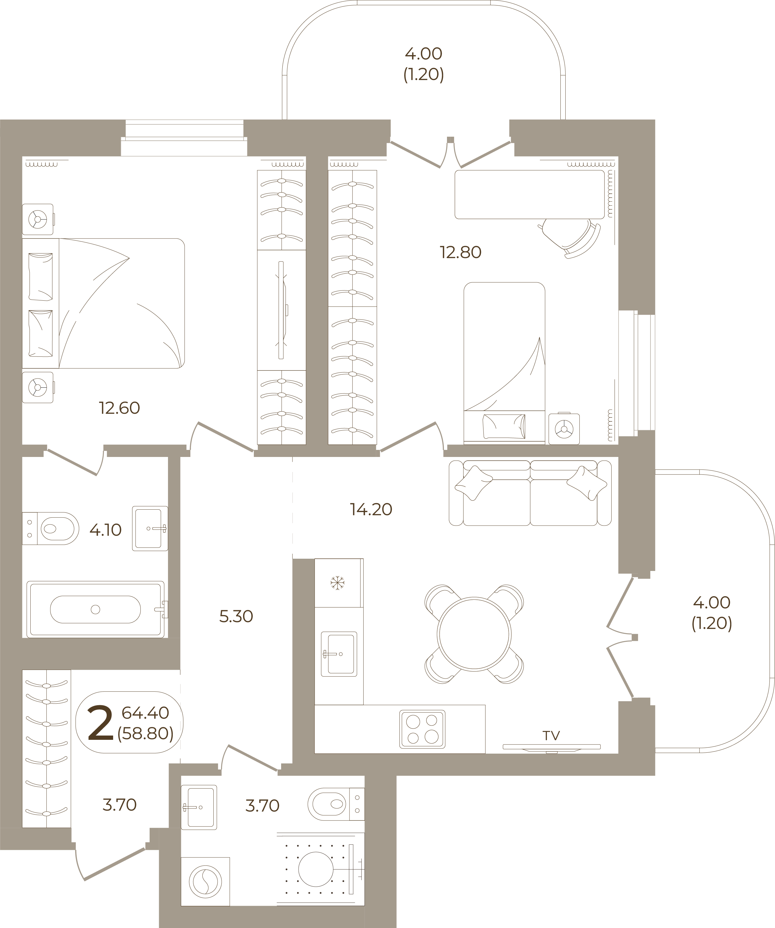 Планировка: 2-комнатная, 58,80 м²