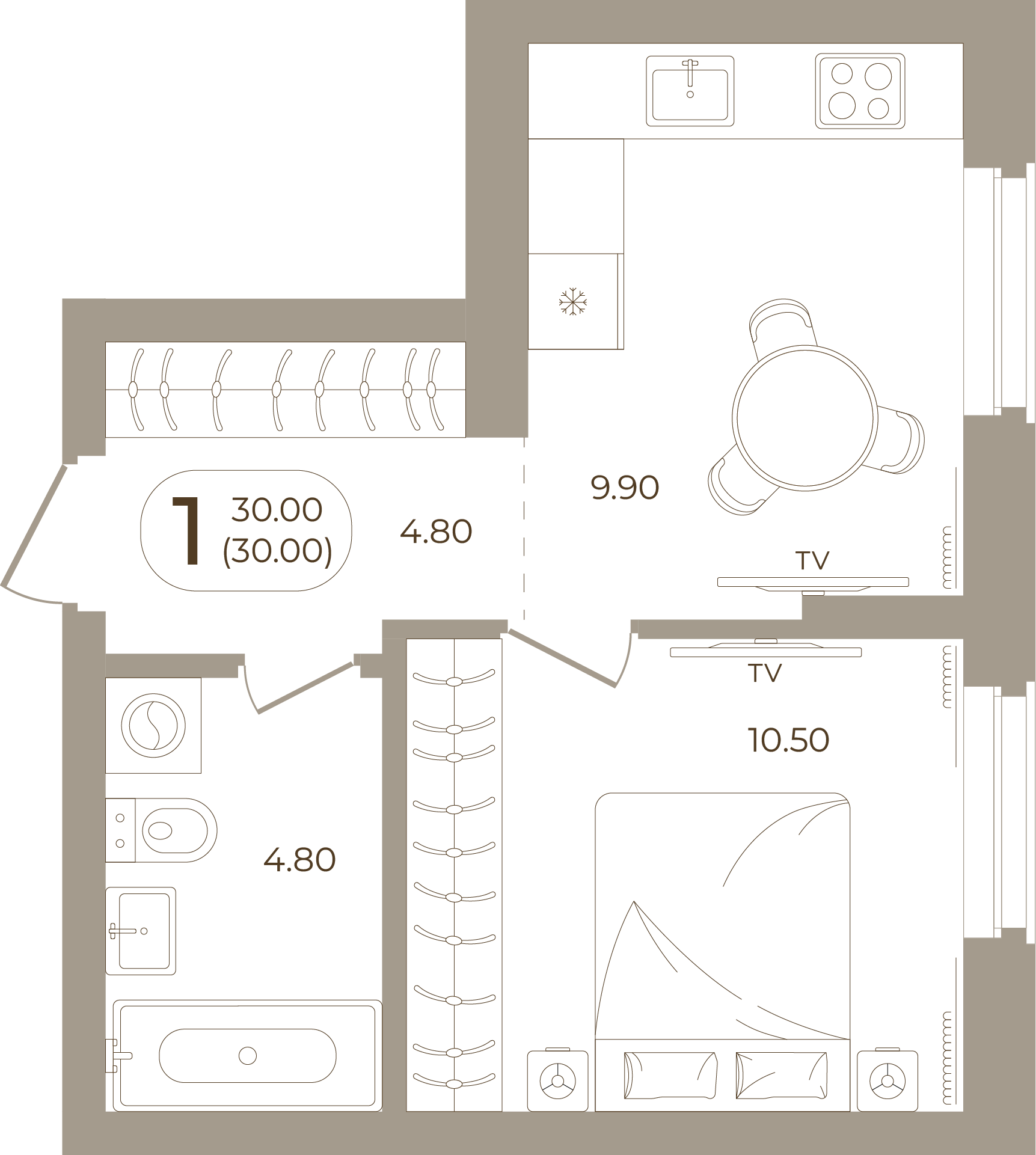 Планировка: 1-комнатная, 30,00 м²