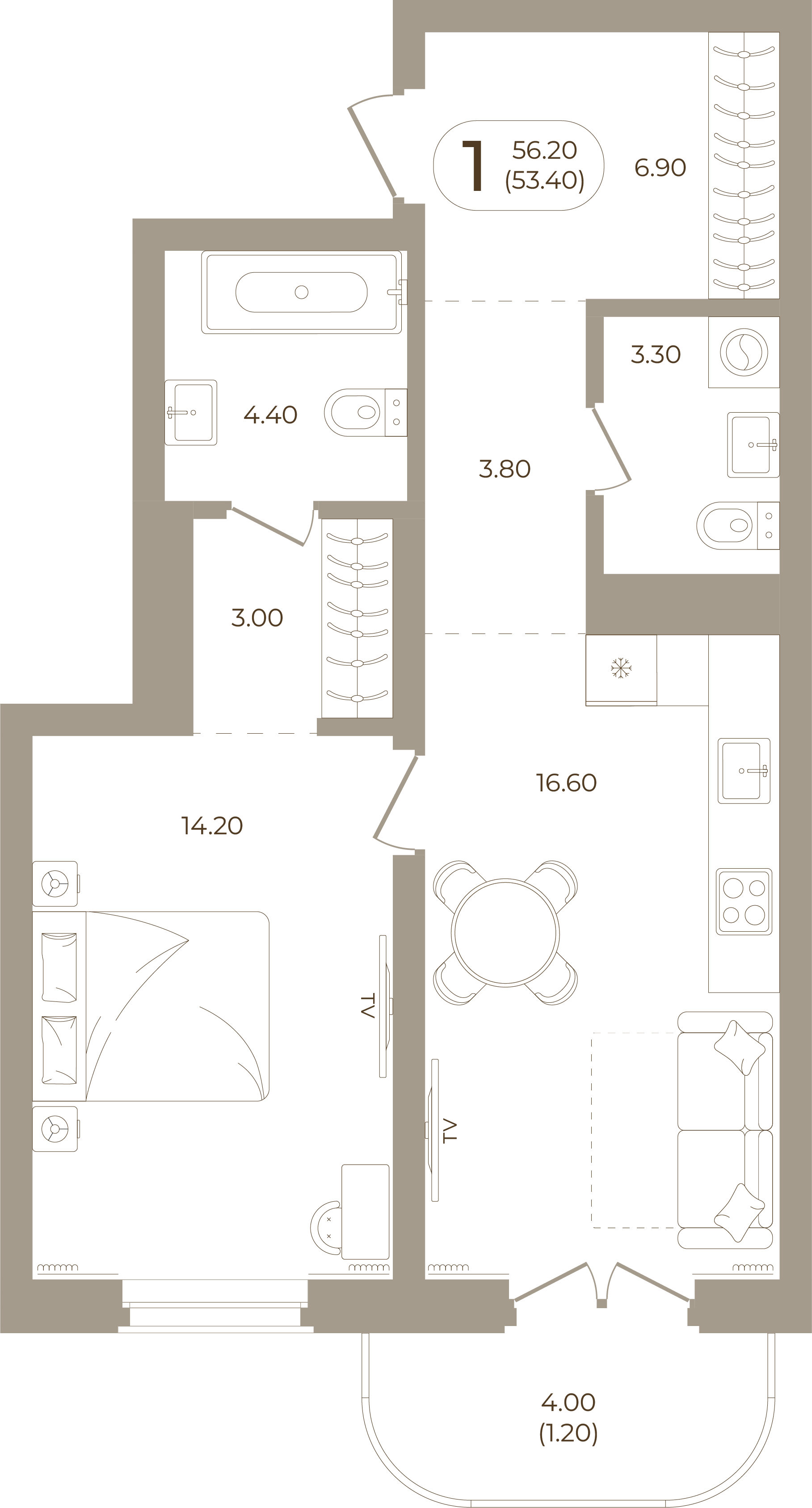 Планировка: 1-комнатная, 53,40 м²