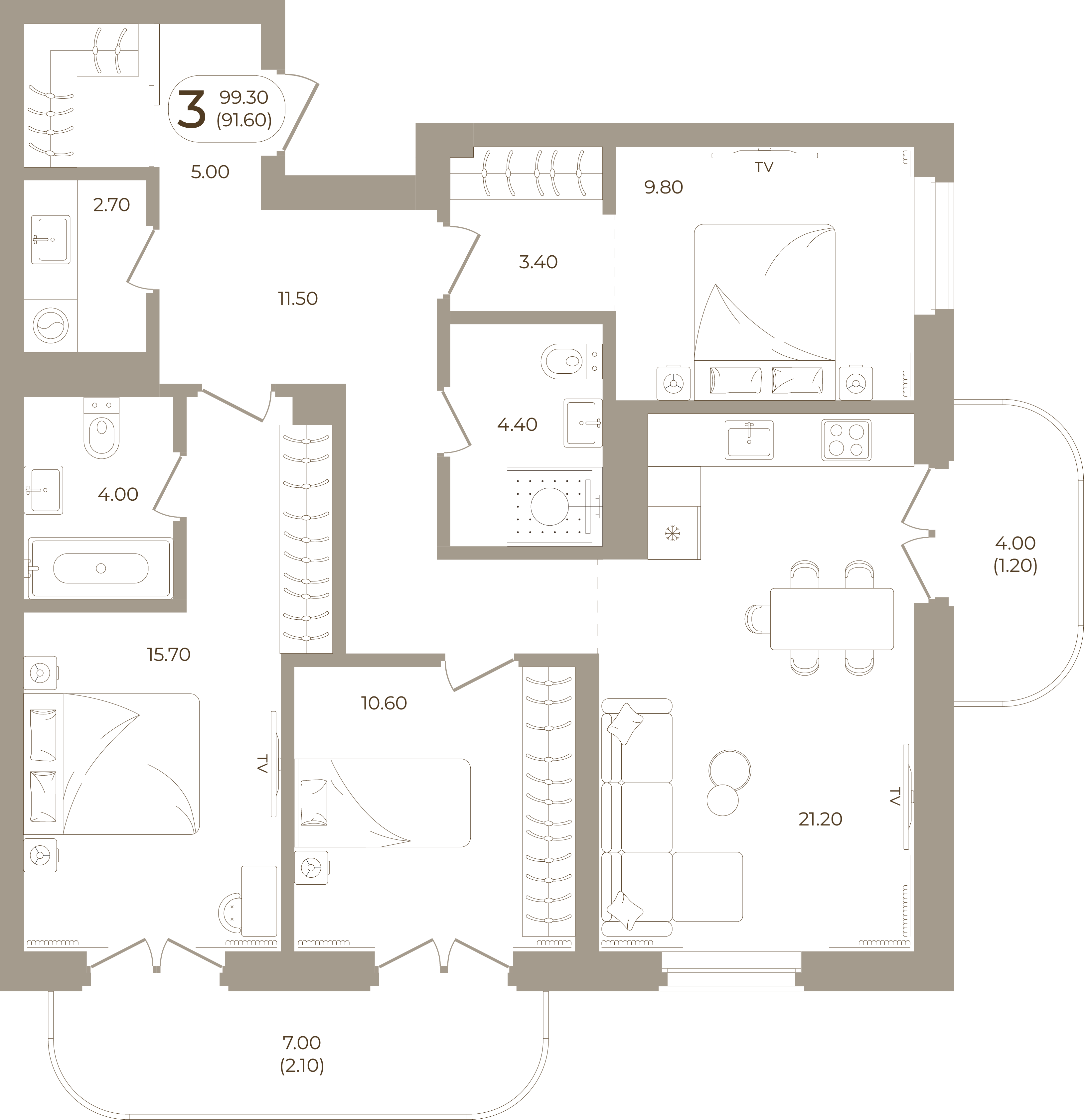 Планировка: 3-комнатная, 91,60 м²