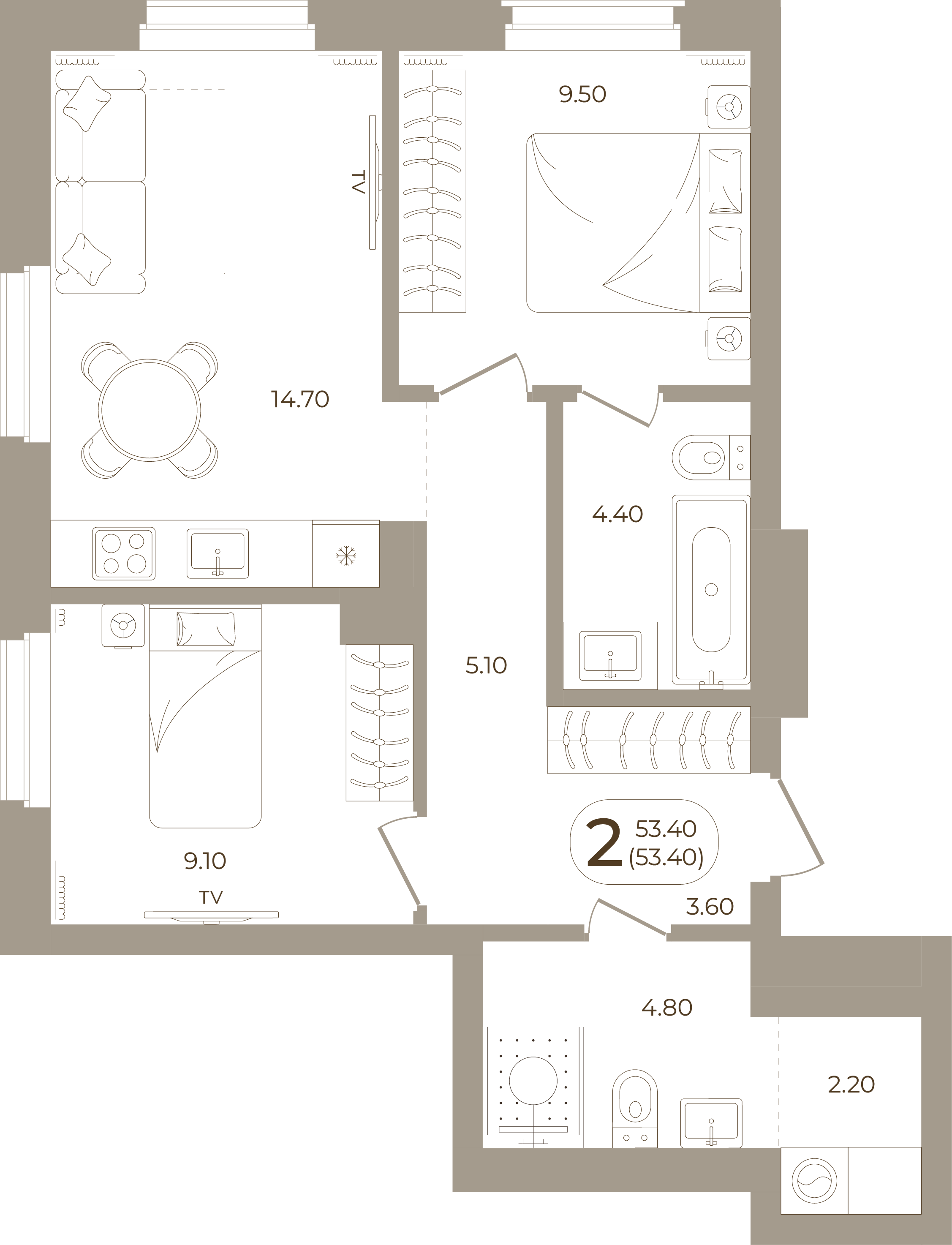 Планировка: 2-комнатная, 53,40 м²
