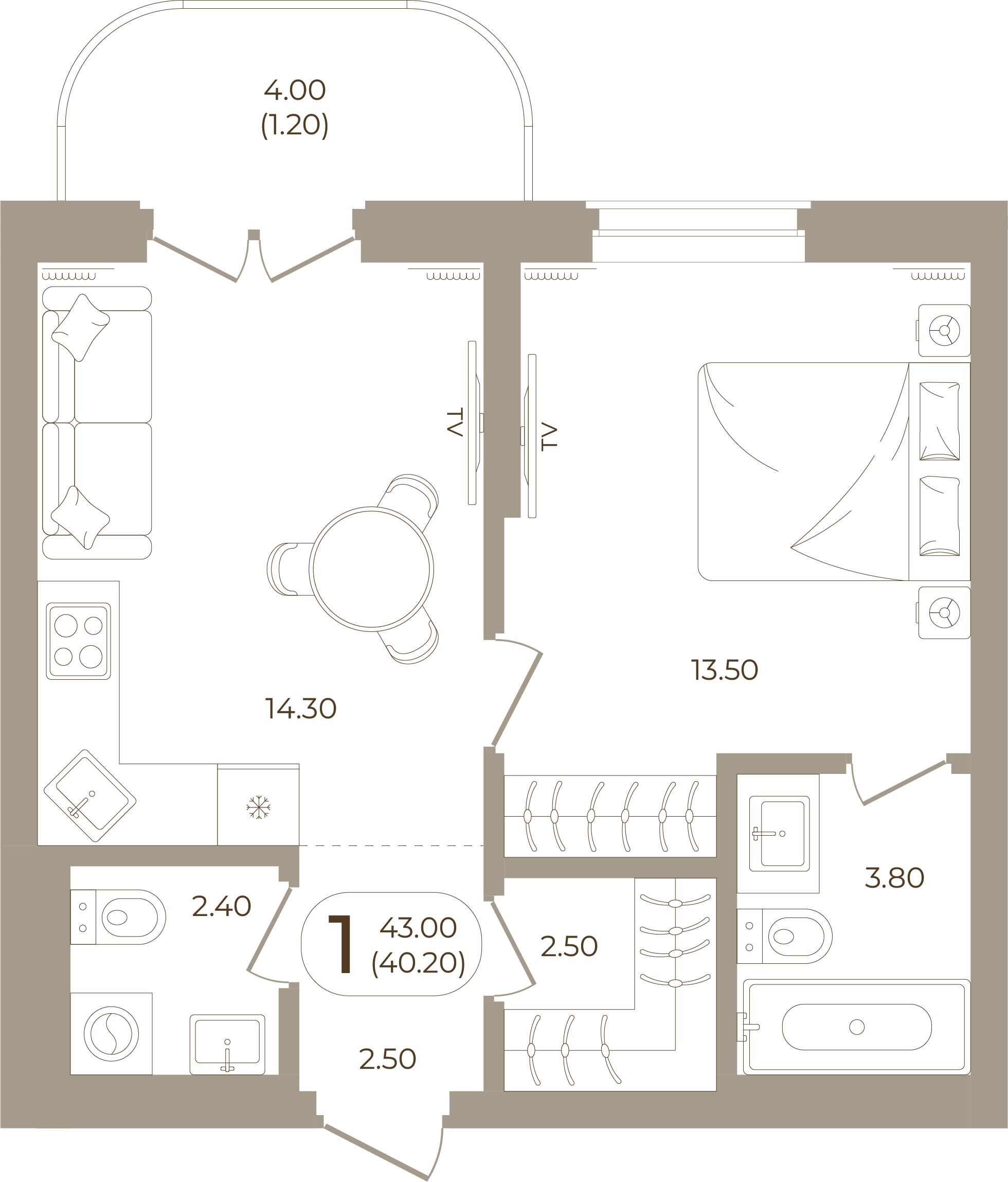 Планировка: 1-комнатная, 40,20 м²