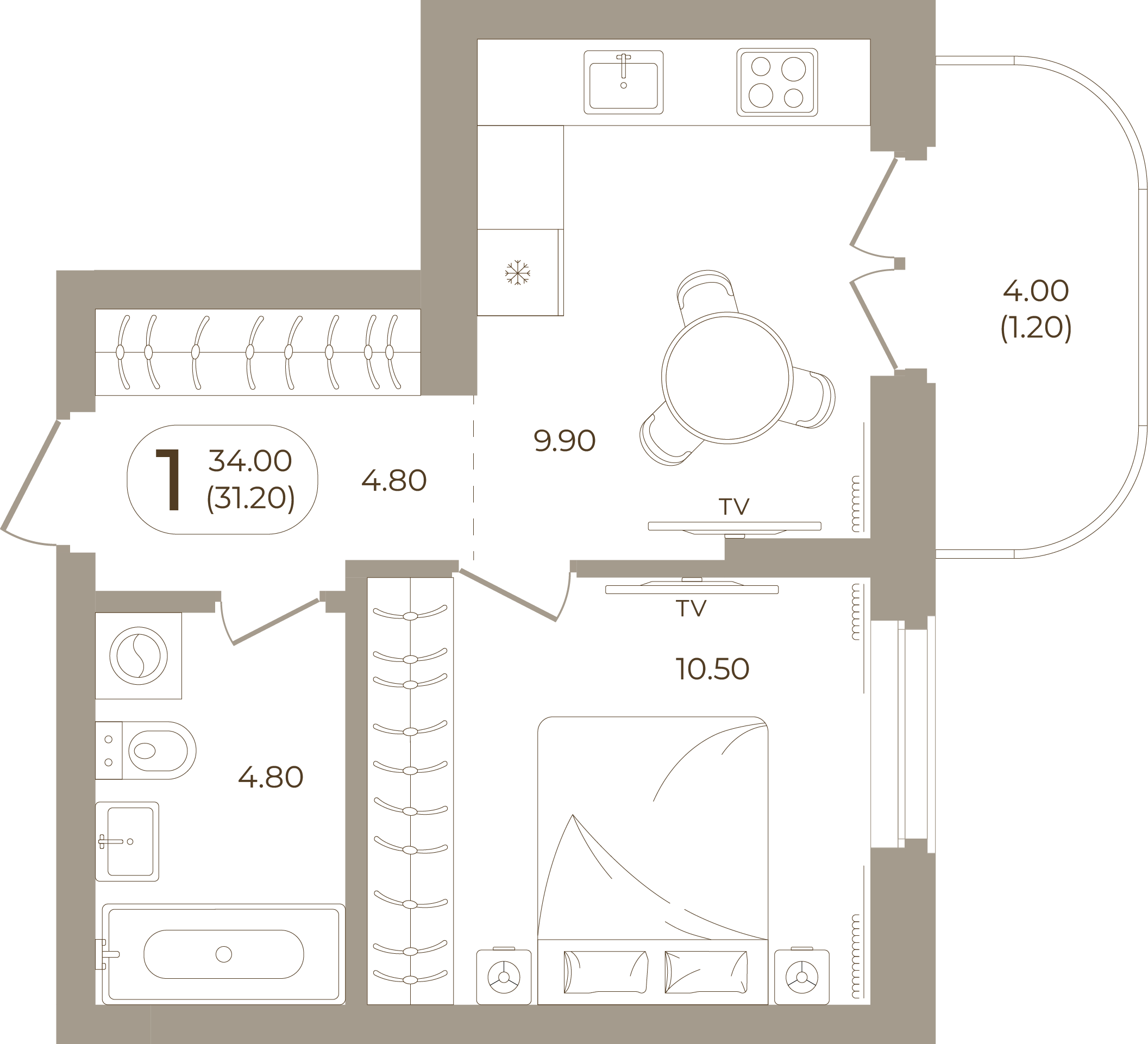 Планировка: 1-комнатная, 31,20 м²