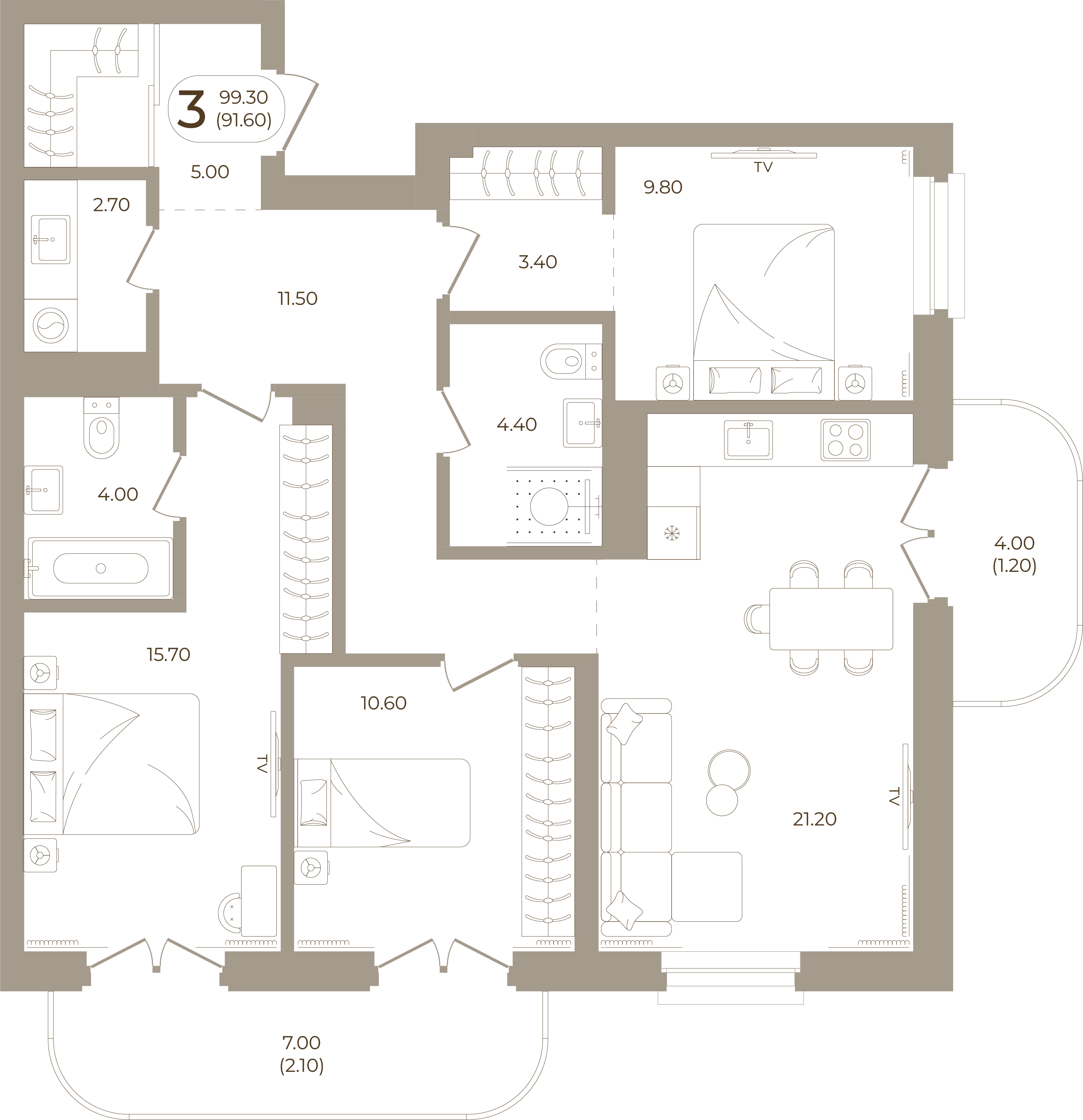 Планировка: 3-комнатная, 91,60 м²