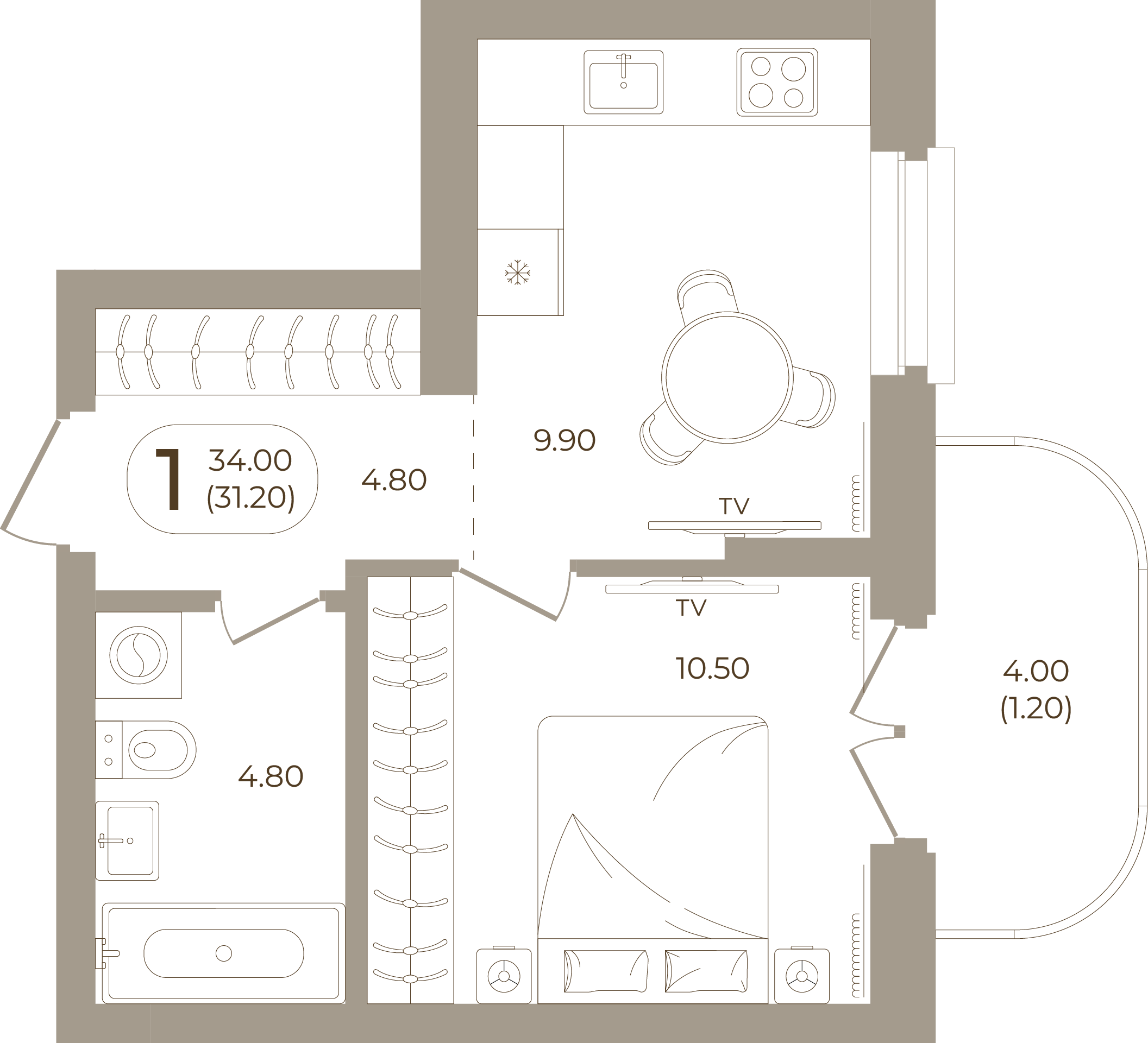 Планировка: 1-комнатная, 31,20 м²