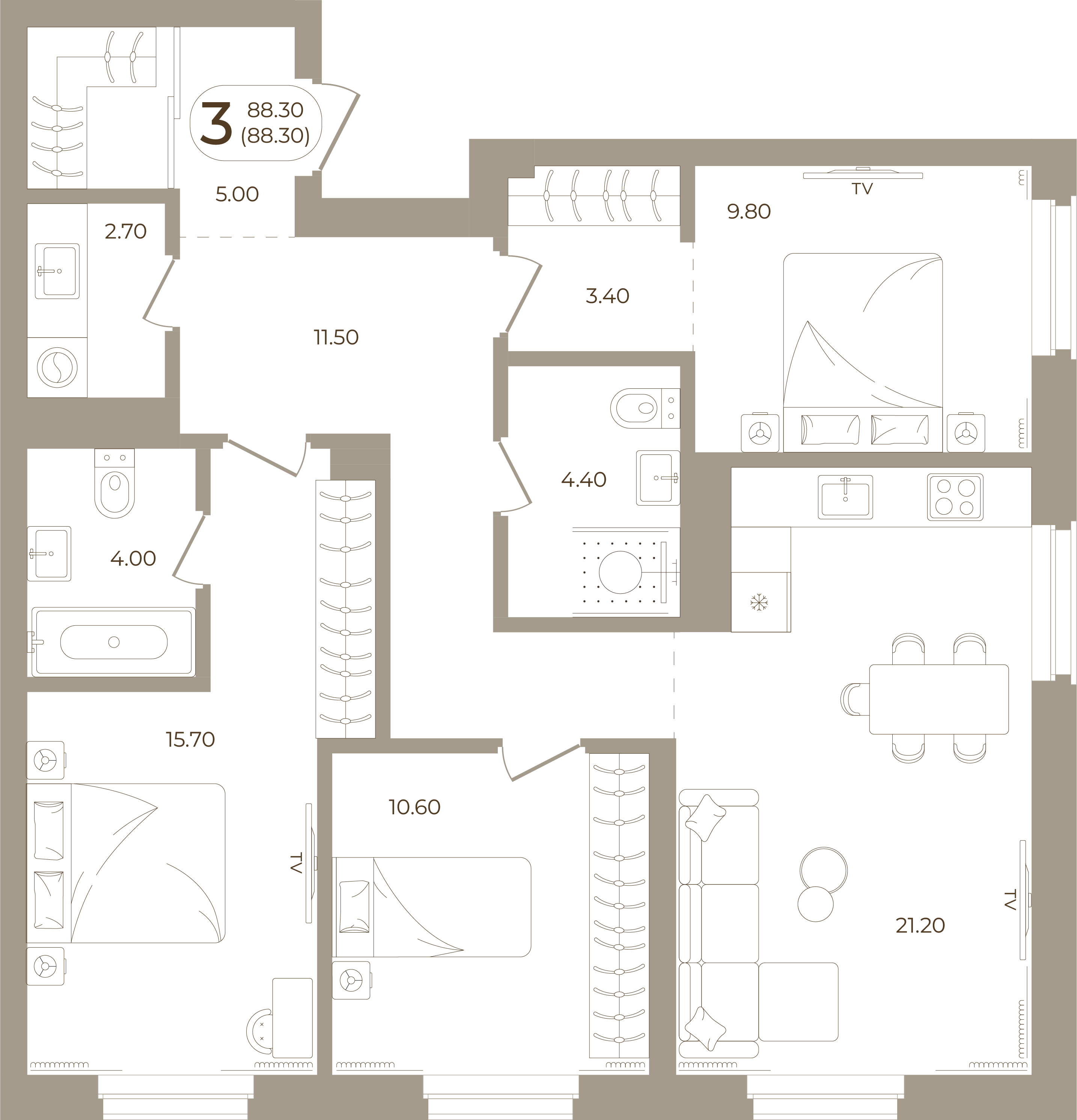 Планировка: 3-комнатная, 88,30 м²