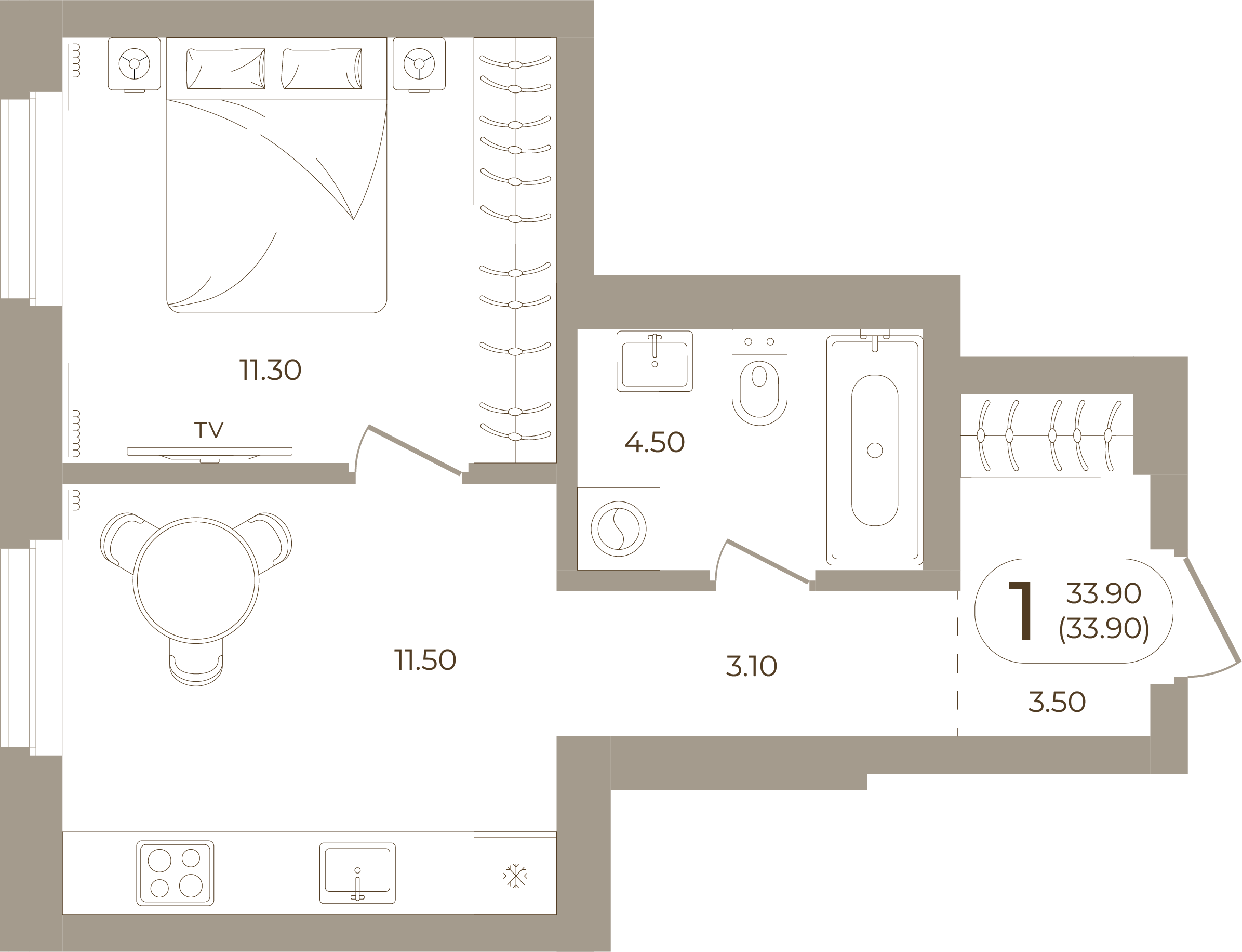 Планировка: 1-комнатная, 33,90 м²
