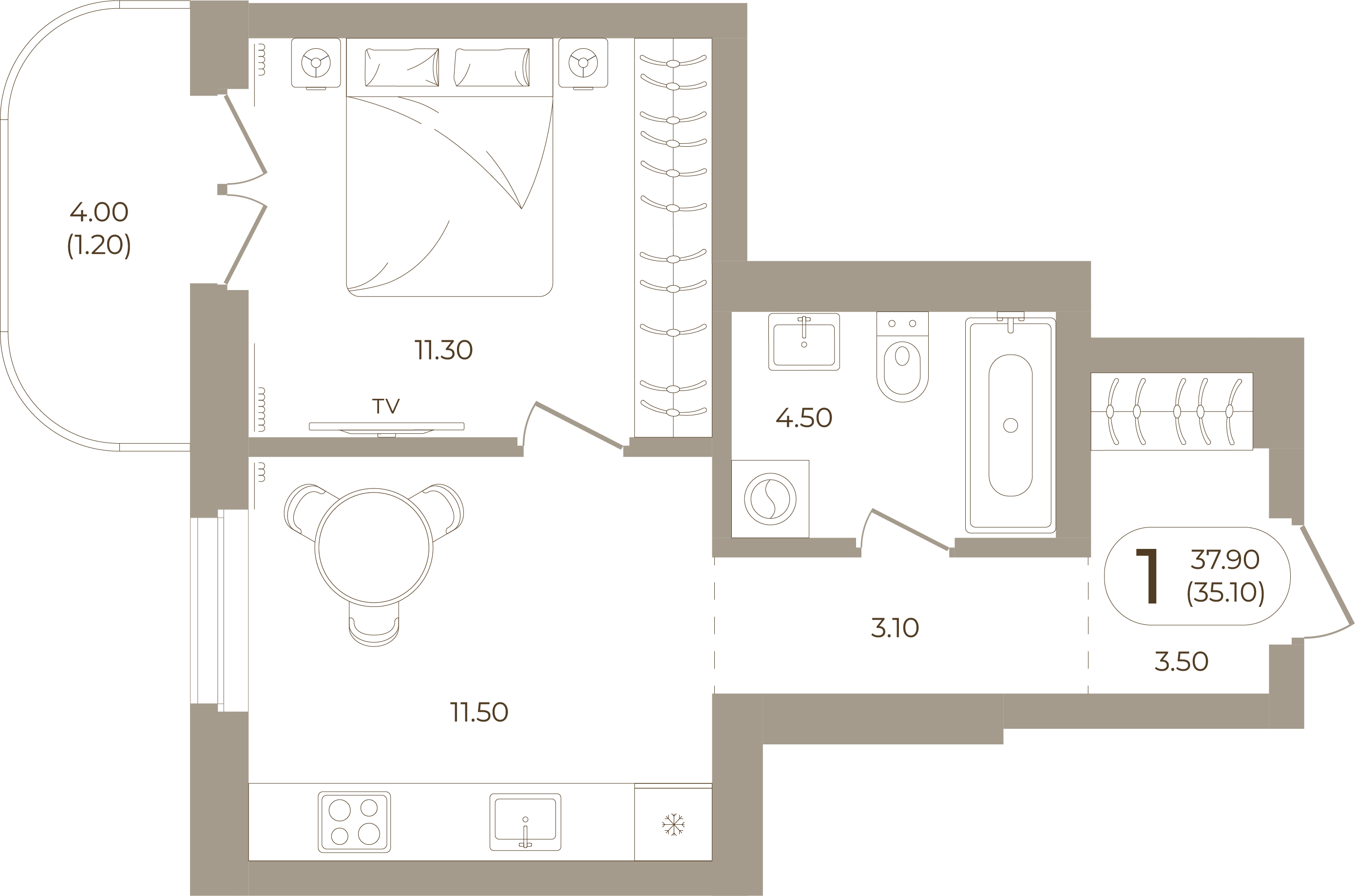 Планировка: 1-комнатная, 35,10 м²