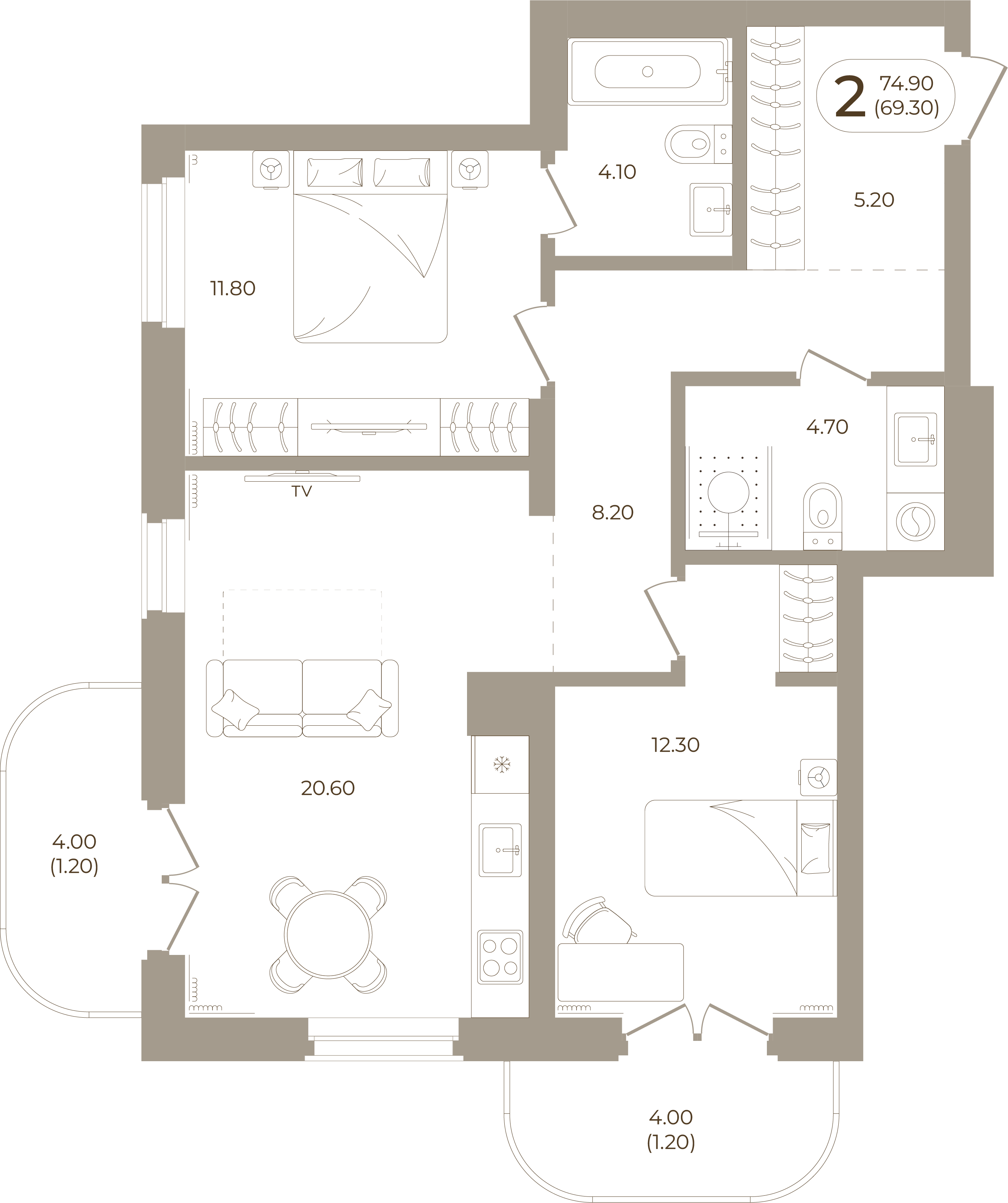 Планировка: 2-комнатная, 69,30 м²