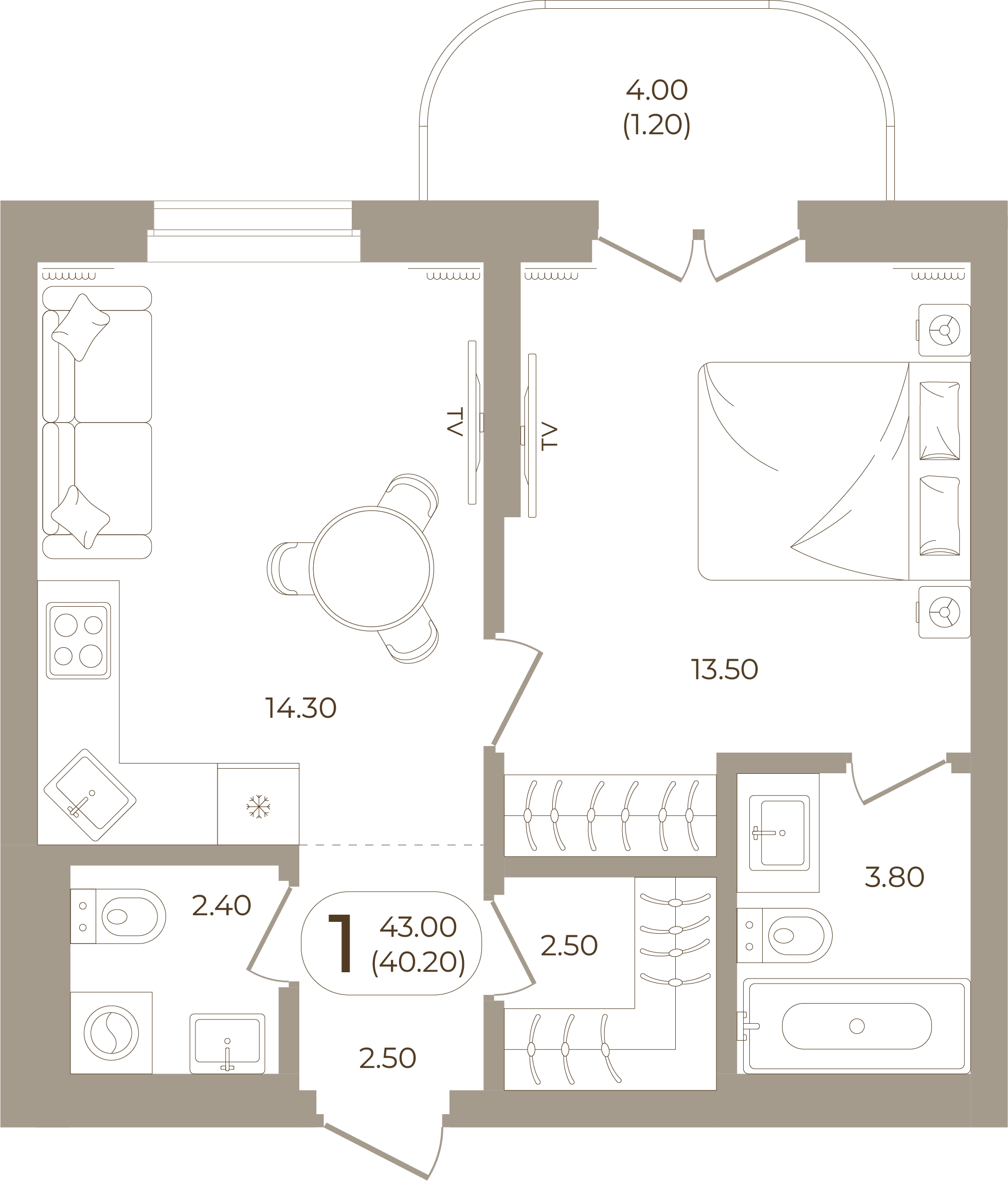 Планировка: 1-комнатная, 40,20 м²