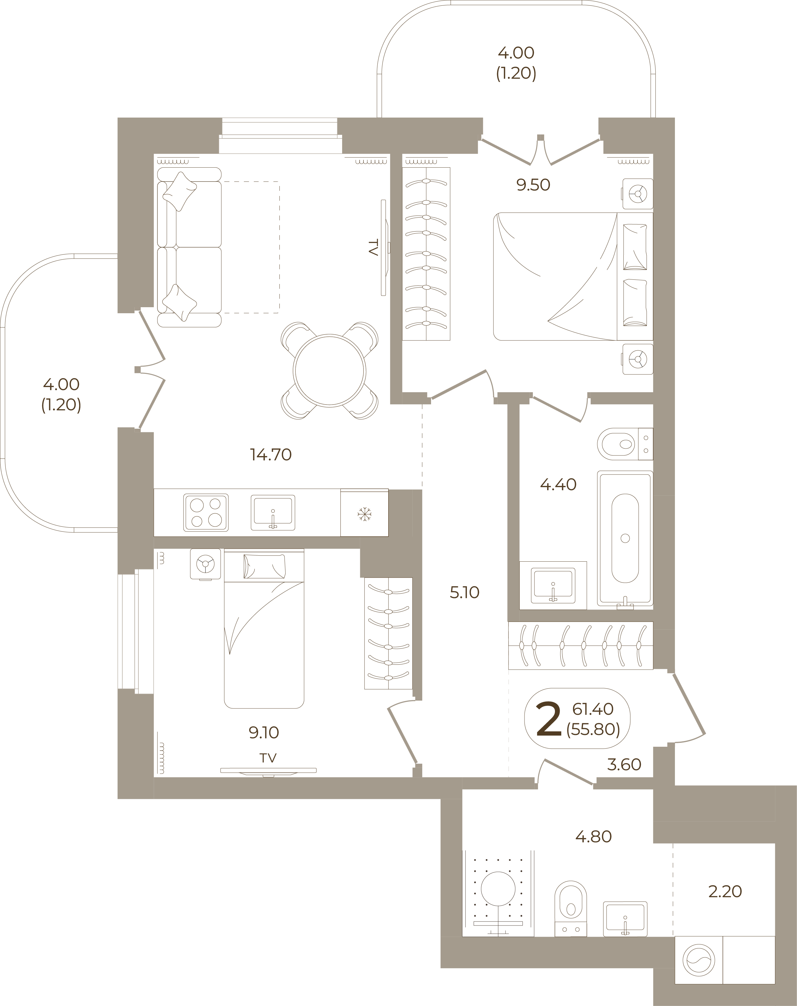 Планировка: 2-комнатная, 55,80 м²
