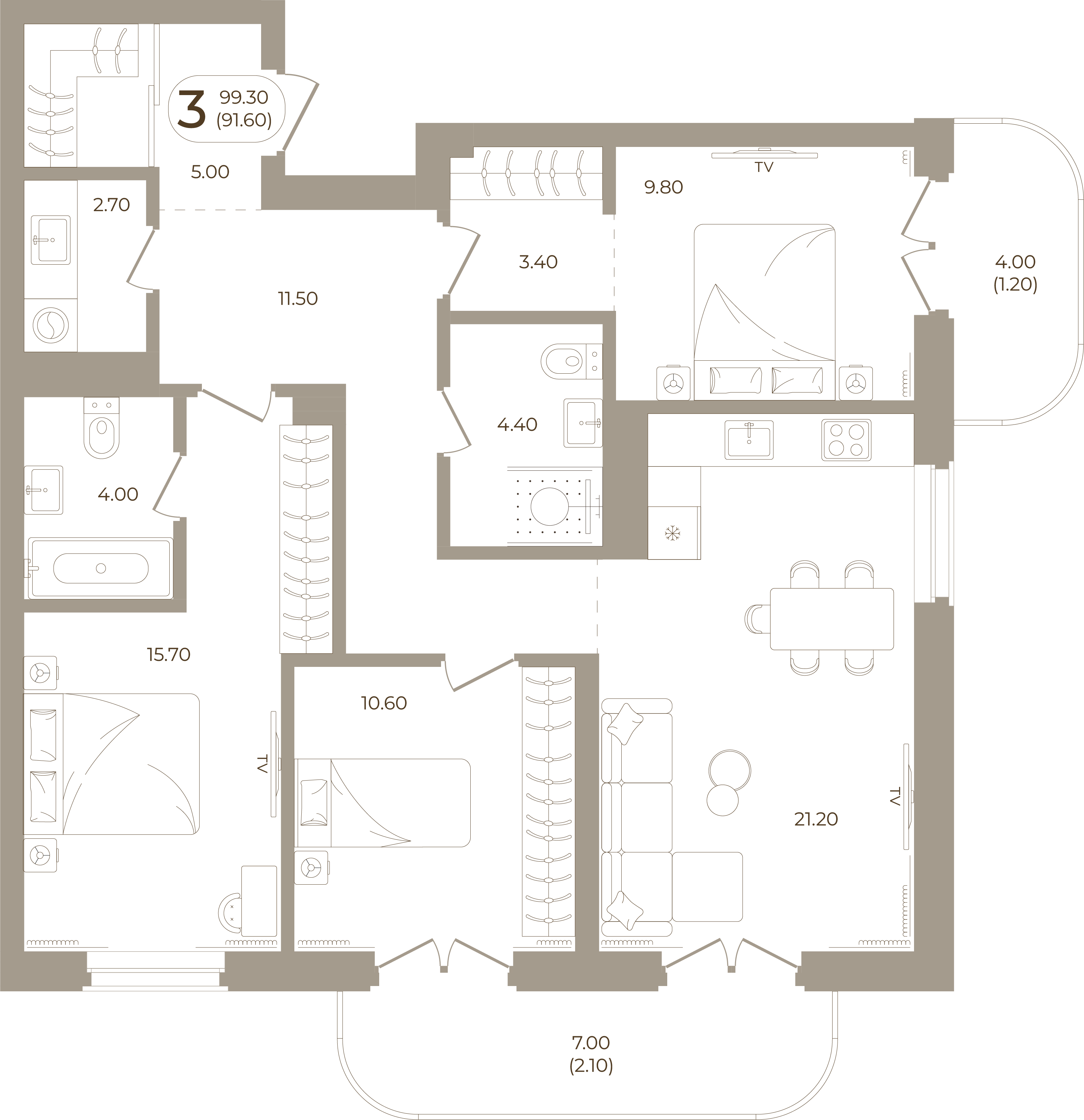 Планировка: 3-комнатная, 91,60 м²