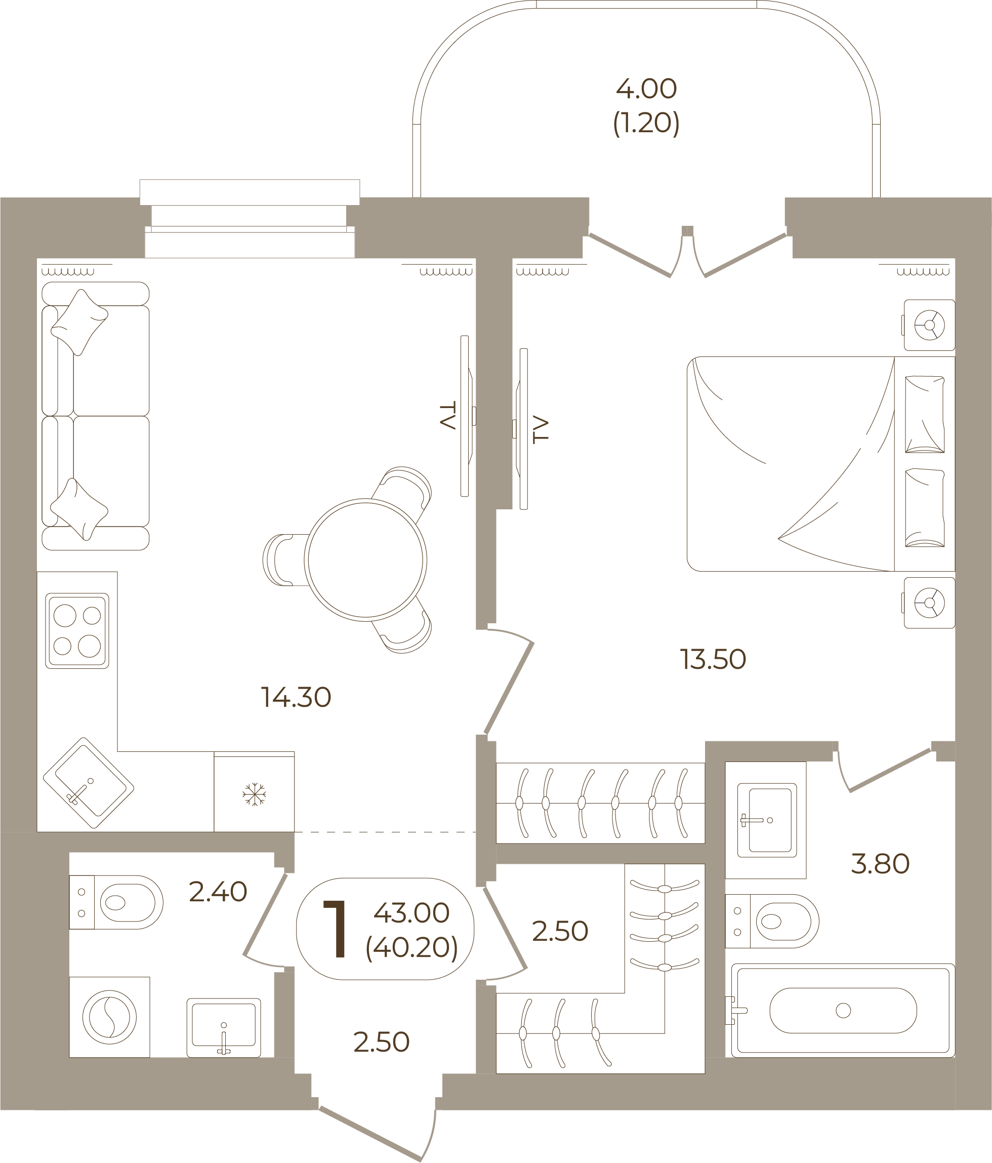 Планировка: 1-комнатная, 40,20 м²