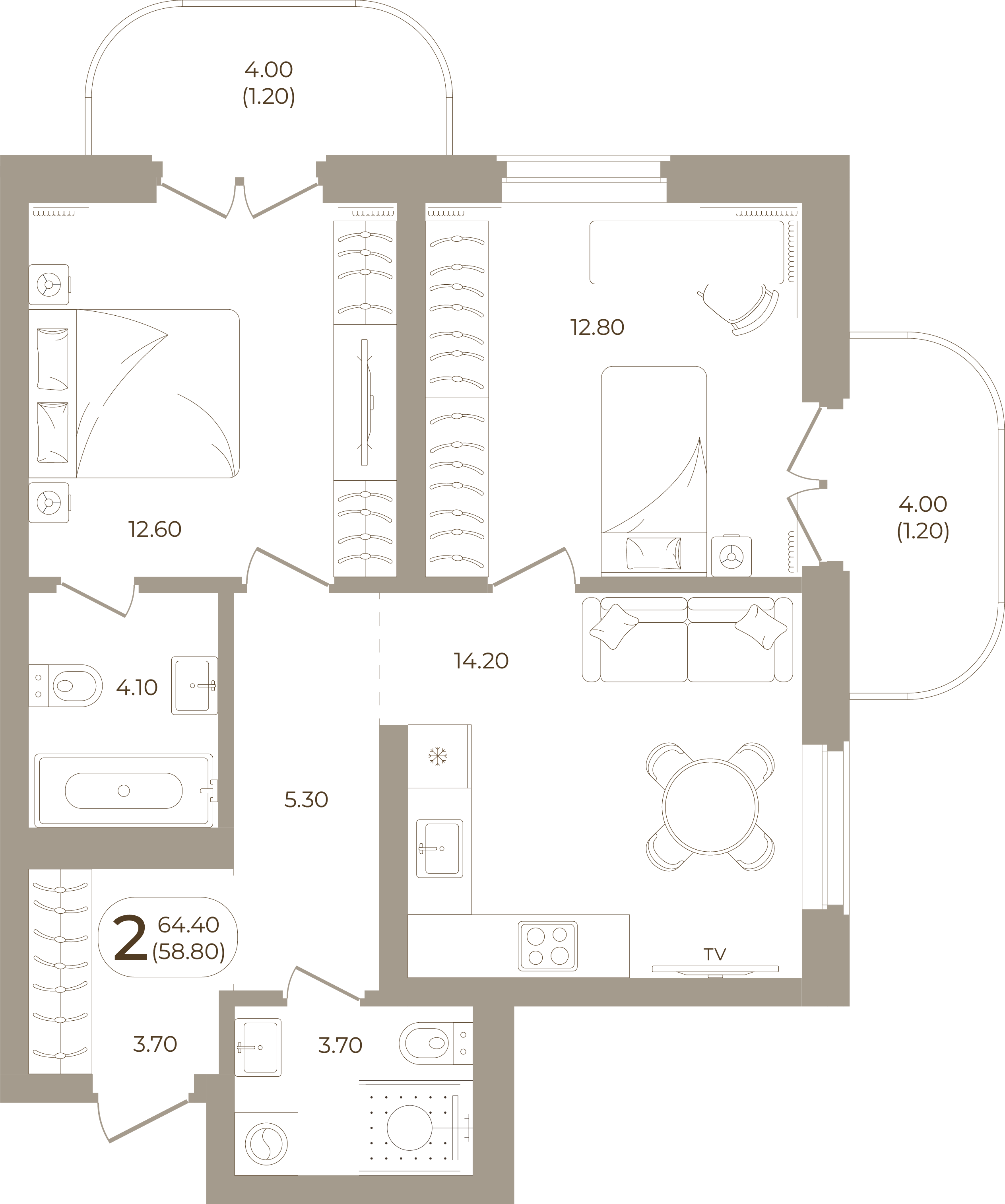 Планировка: 2-комнатная, 58,80 м²