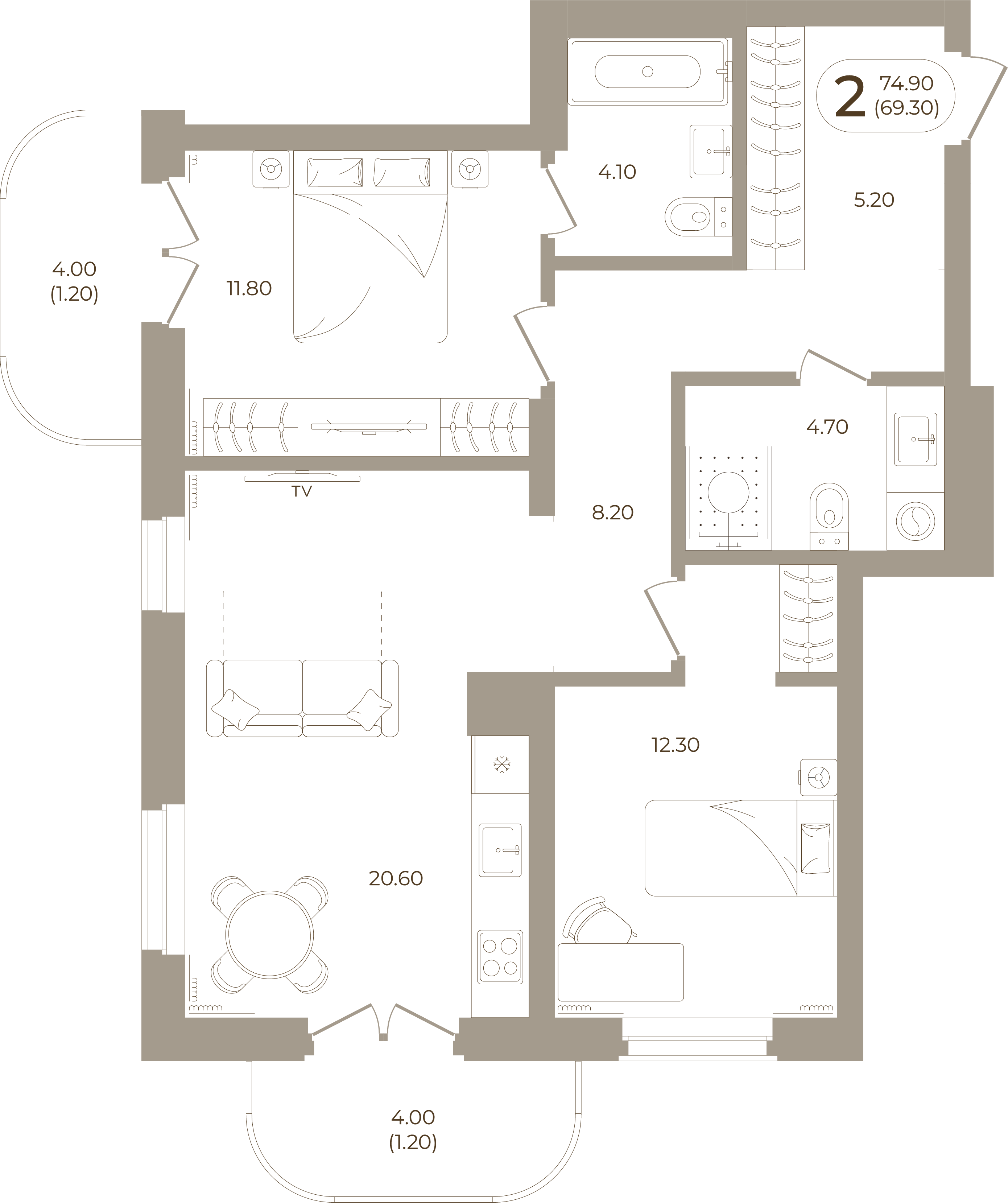 Планировка: 2-комнатная, 69,30 м²