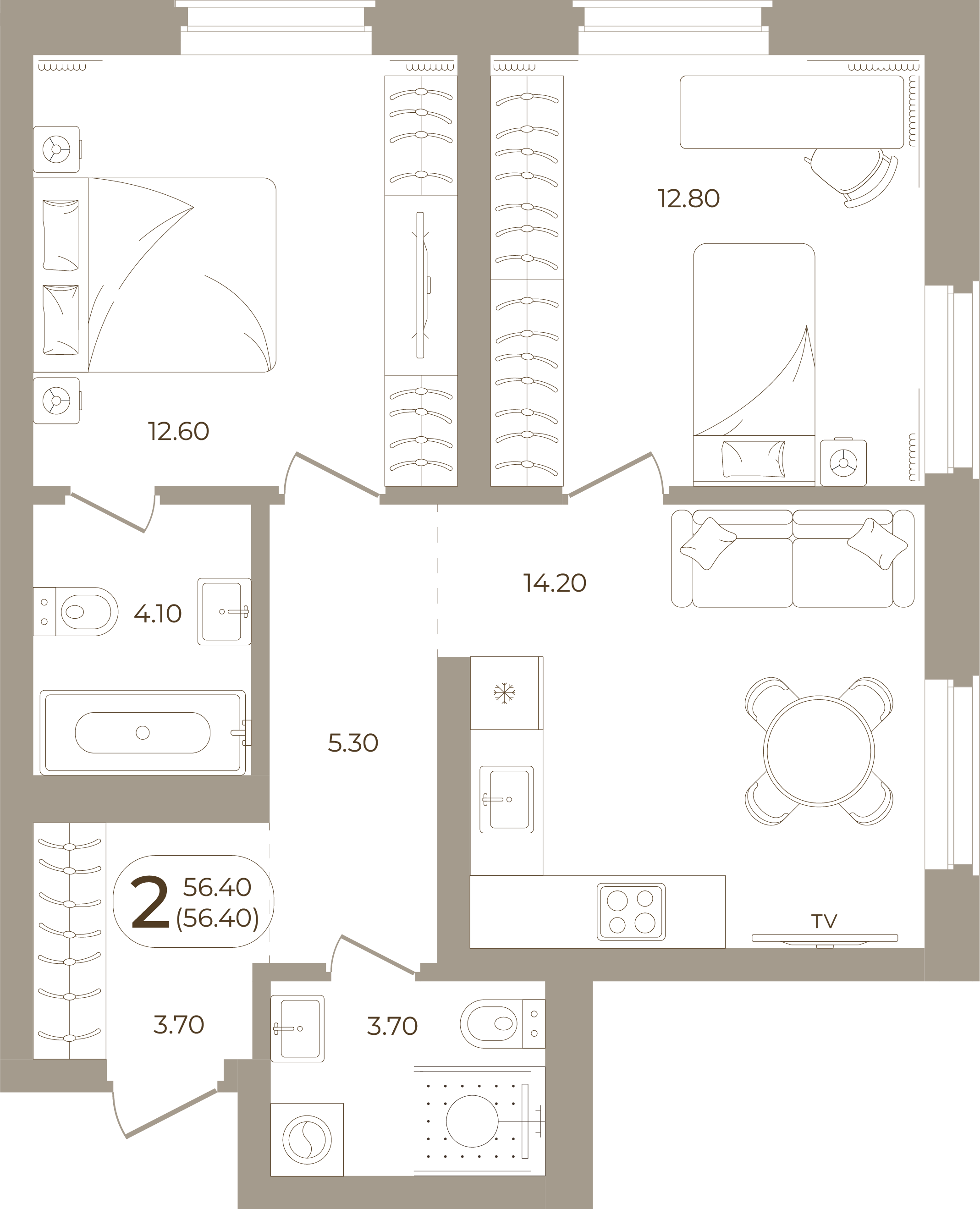Планировка: 2-комнатная, 56,40 м²