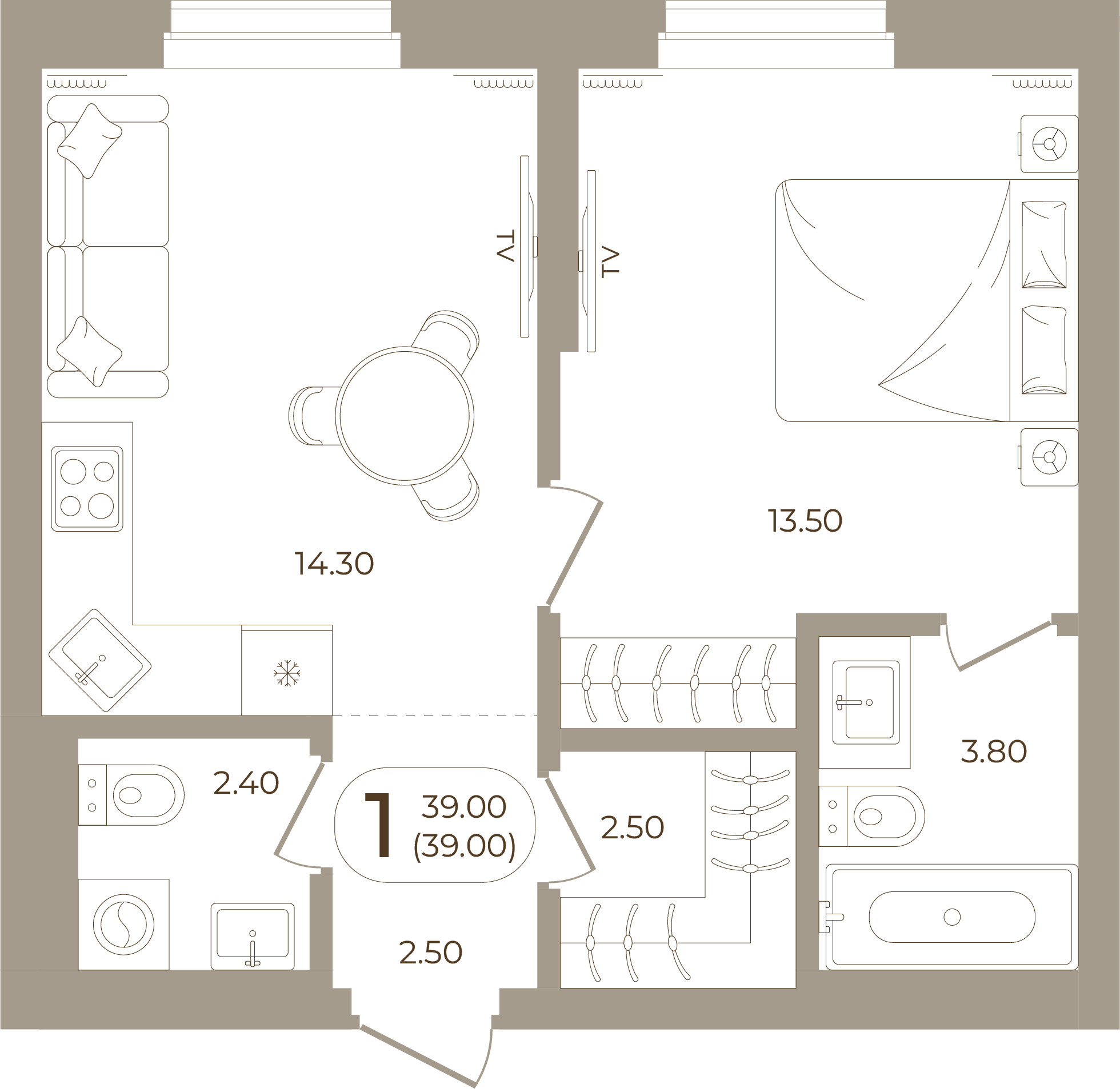 Планировка: 1-комнатная, 39,00 м²