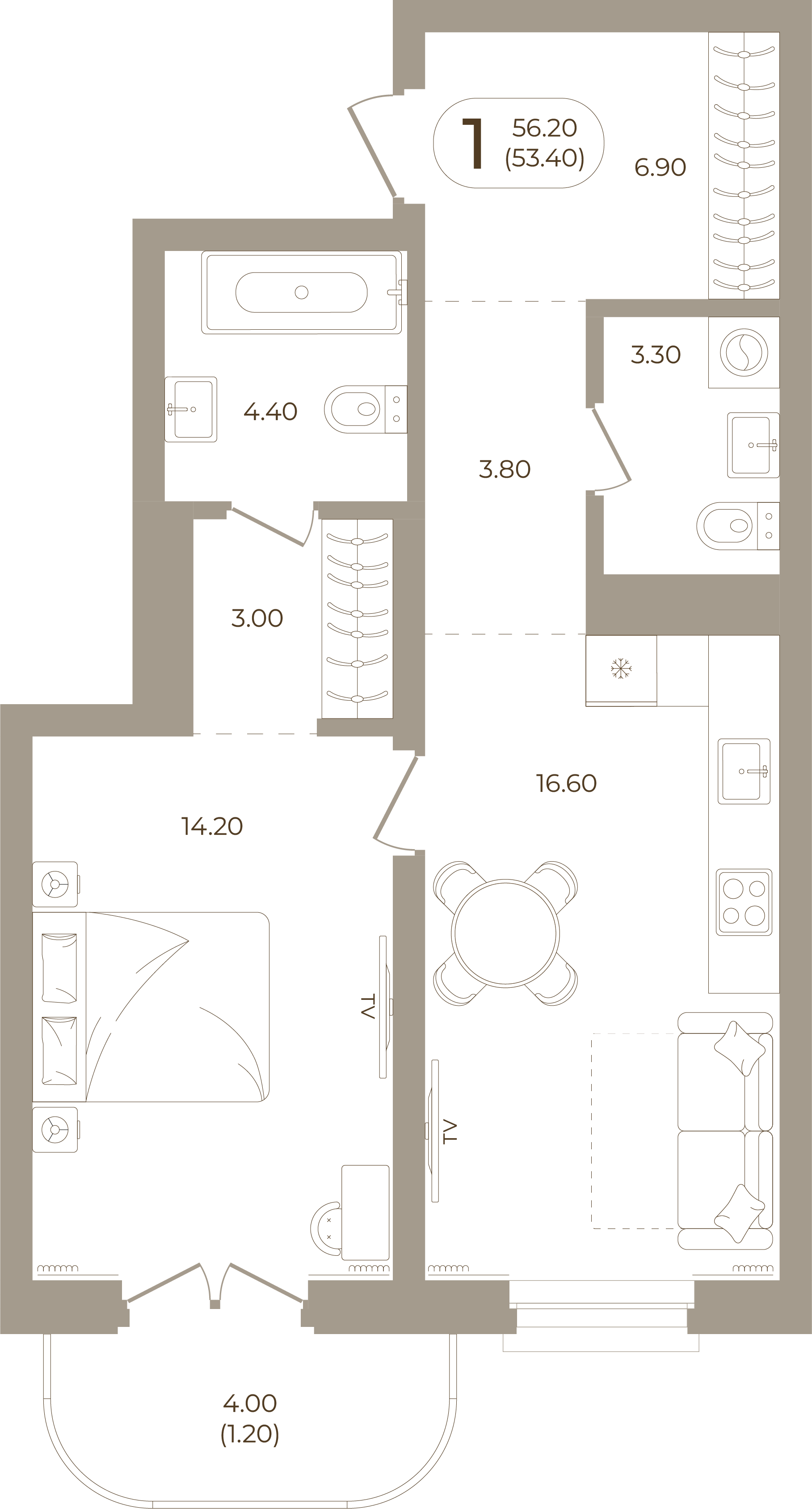 Планировка: 1-комнатная, 53,40 м²