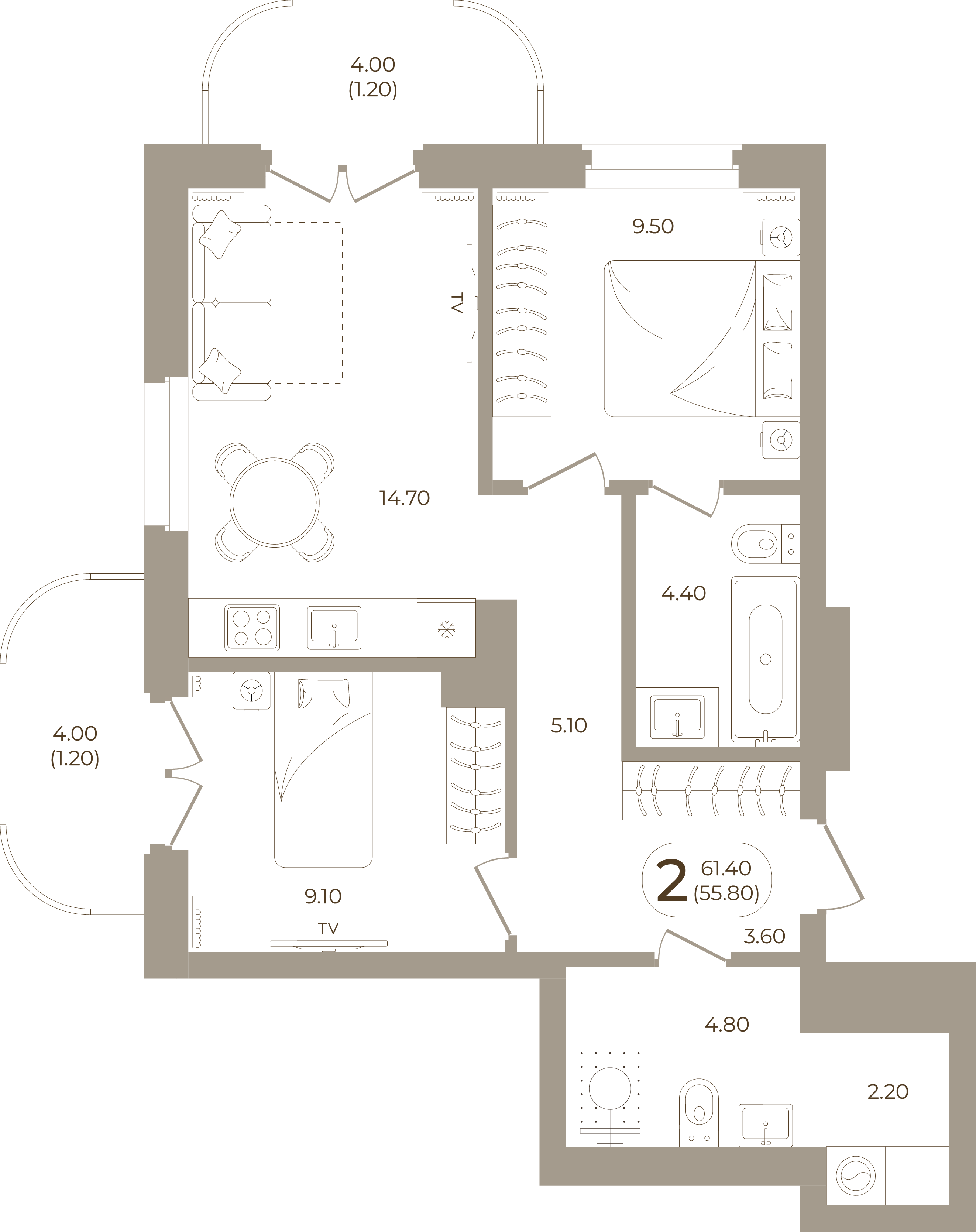 Планировка: 2-комнатная, 55,80 м²