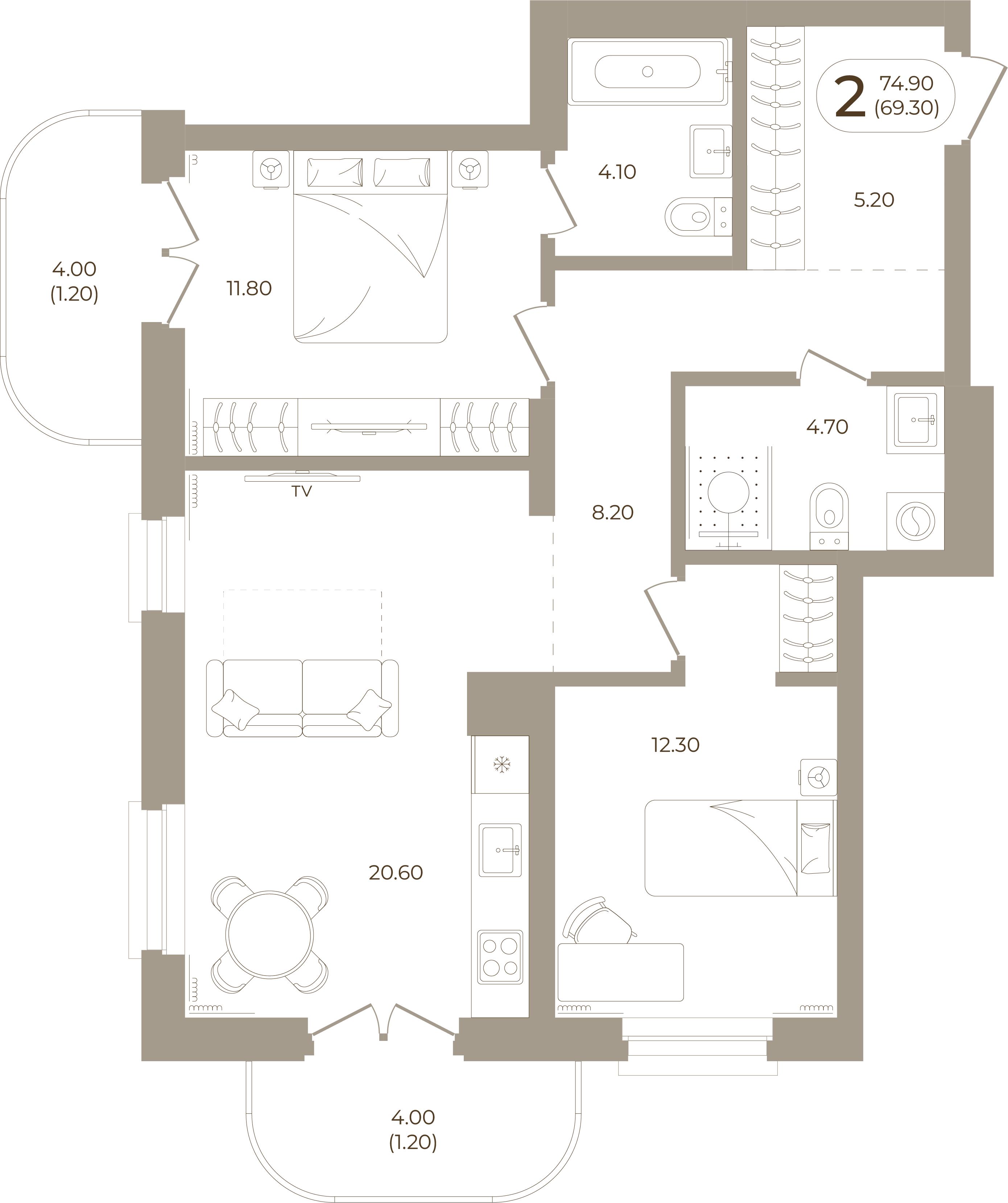 Планировка: 2-комнатная, 69,30 м²